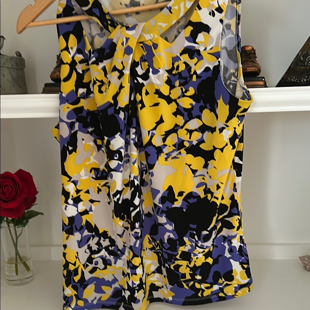 Nine West Gold and Blue Tie Front Sleeveless Blouse #43